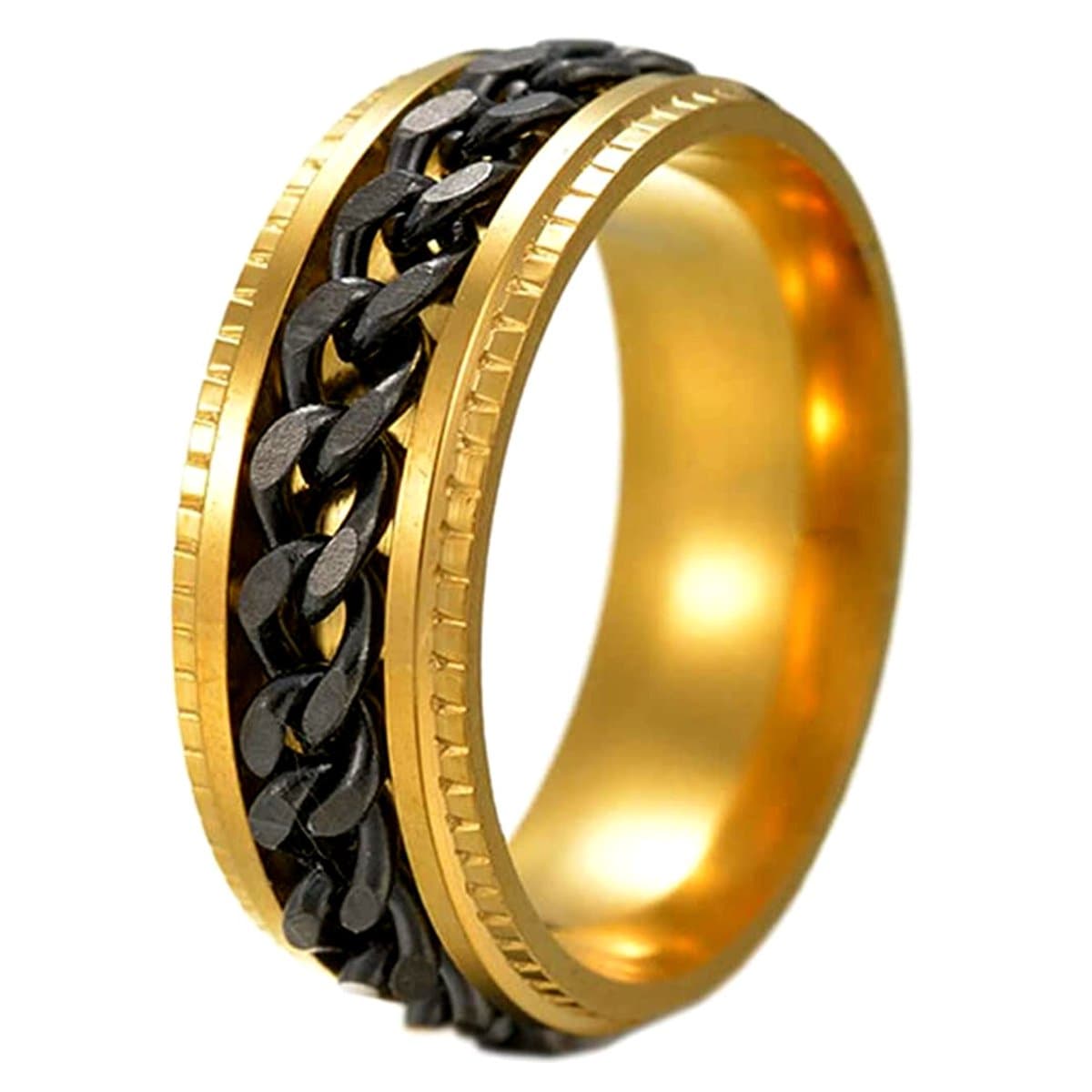 Anxiety Ring - (Ketting) - Stress Ring - Fidget Ring - Anxiety Ring For Finger - Draaibare Ring - Spinning Ring - Goud-Zwart kleurig RVS - (23.25mm / maat 73)