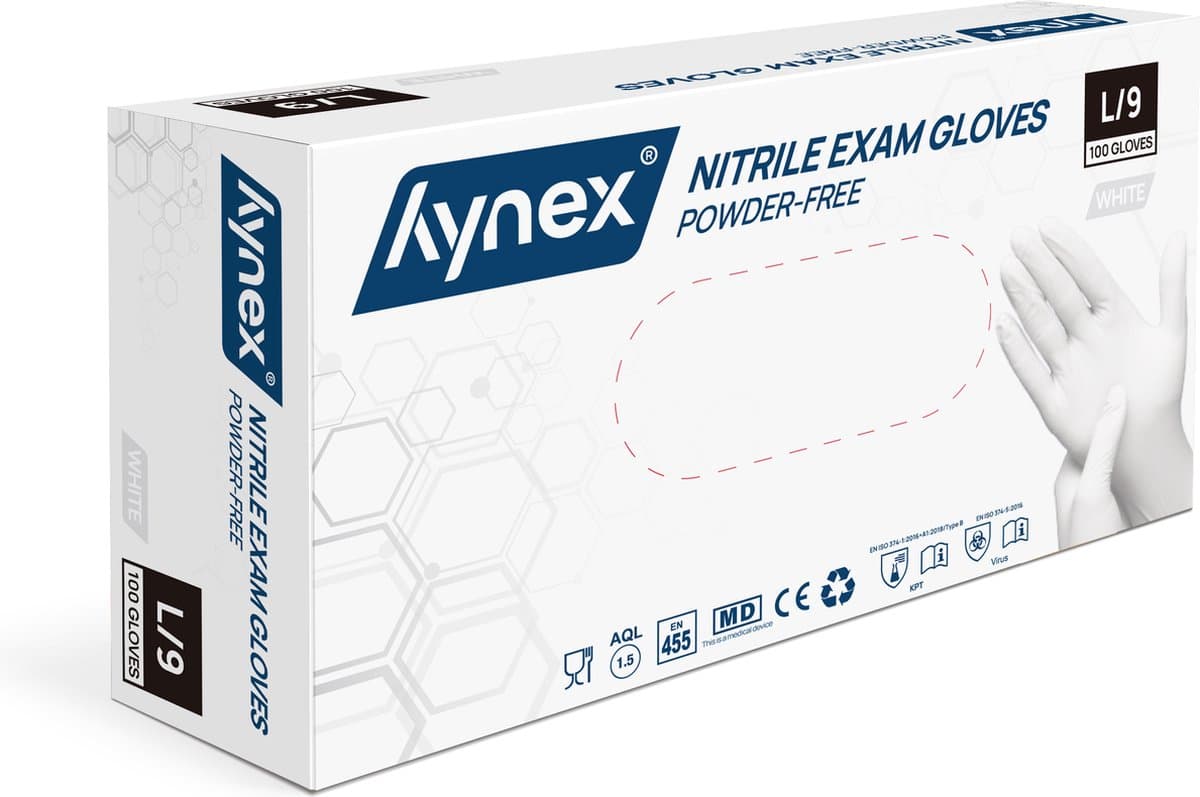 Hynex Nitril Wegwerphandschoenen – Maat L – Wit – 100 Stuks – 3,5 Gram – Poedervrij & Latexvrij – Voor Zorg, Horeca & Schoonmaak