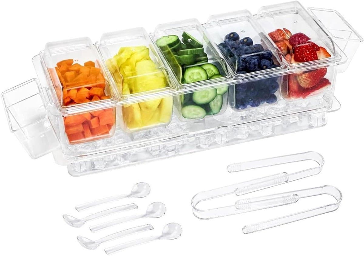 Diepvriesbakjes met Deksels - Voedselbewaring Organizer - Maaltijdvoorbereiding Thuis - Vijf Vakken Systeem - 42x17x14.5 cm - Transparant