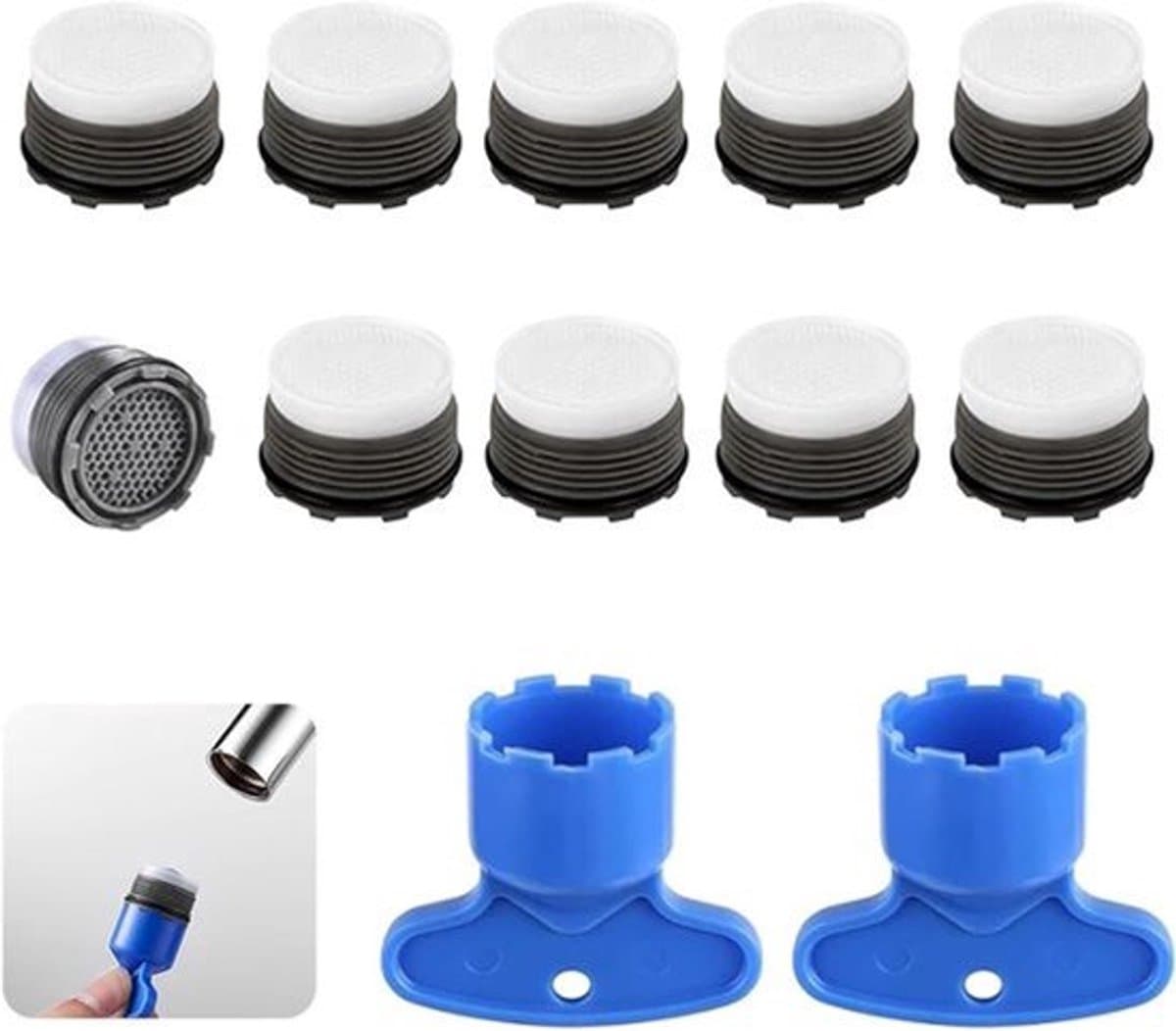 Set van 10 kunststof straalregelaars 24 mm voor waterkranen M24 filter voor wastafel en keukenkraan Inclusief 2 sleutelsBeluchter kraan filterkraan voor zuiniger waterverbruik