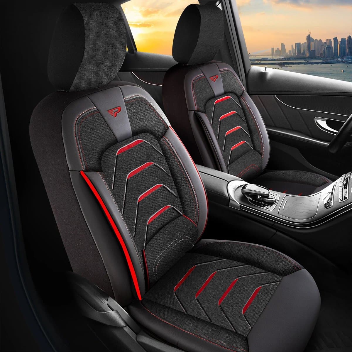 Stoelhoezen Kia Niro 2016-2022 – Bodrum Zwart/Rood – Jacquard stof met skai leer – Complete interieurset – comfortabele autostoelhoezen – slijtvast – eenvoudig te monteren