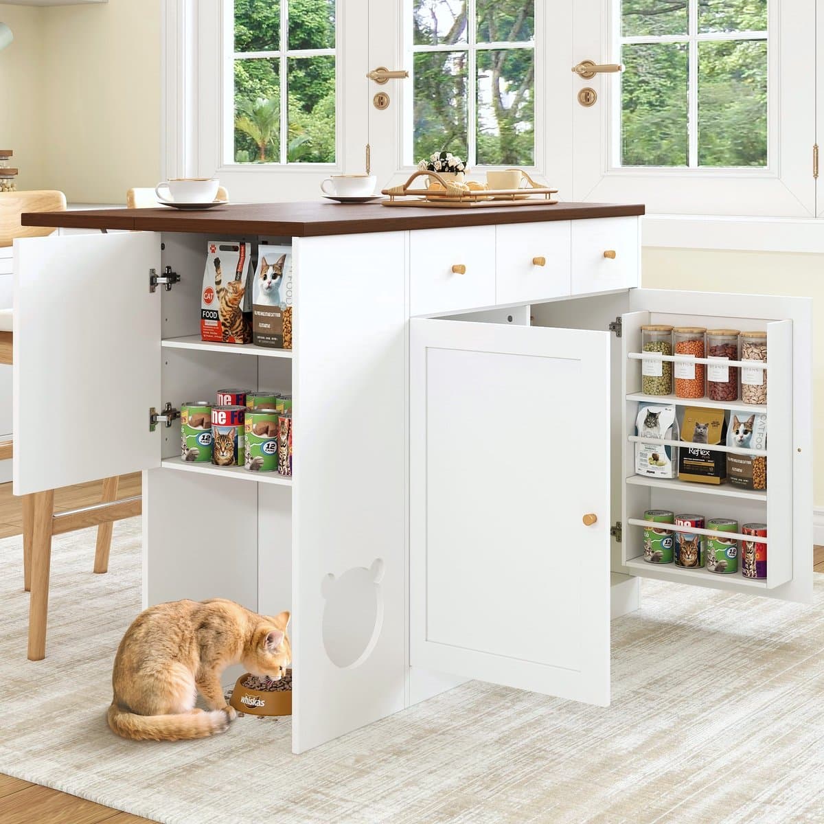STILVORA Keukeneiland - Uitschuifbaar Werkblad En Opbergruimte - Met Huisdierhoek Voor Keuken - MDF - 120x40x90 Cm - Wit;Diep Walnoot