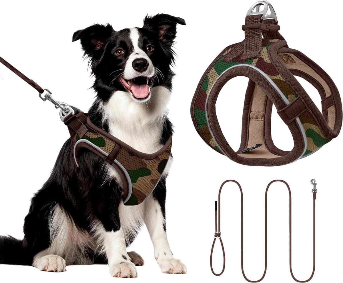 Hondentuigje met leiband - Harnas kat - Comfortabel wandelen - Reflecterende randen - Maat L - Camouflage