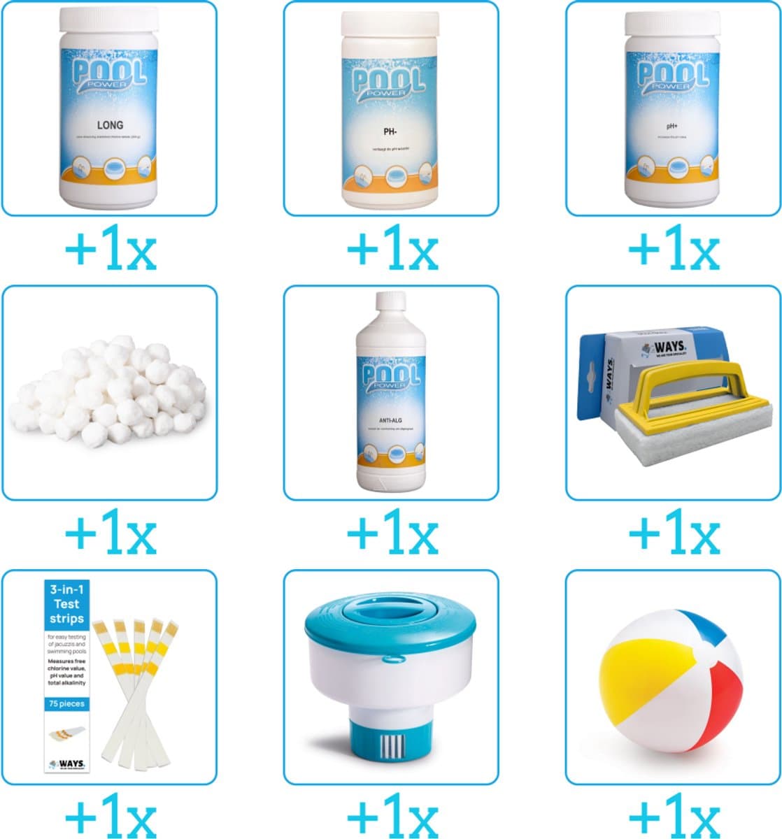 Zwembad Onderhoudspakket - Onderhoud Zwembad - bevat Chloor - PH-min - PH-plus - Filterbollen - Anti Alg - Scrubborstel - Testrips - Chloordrijver en Strandbal (9-delig)