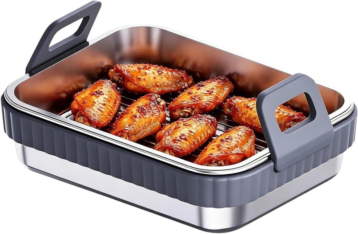 Airfryer Bakpan - Roestvrij Staal - Gelijkmatige Warmte - Verwijderbare Grip - 20 cm - Grijs