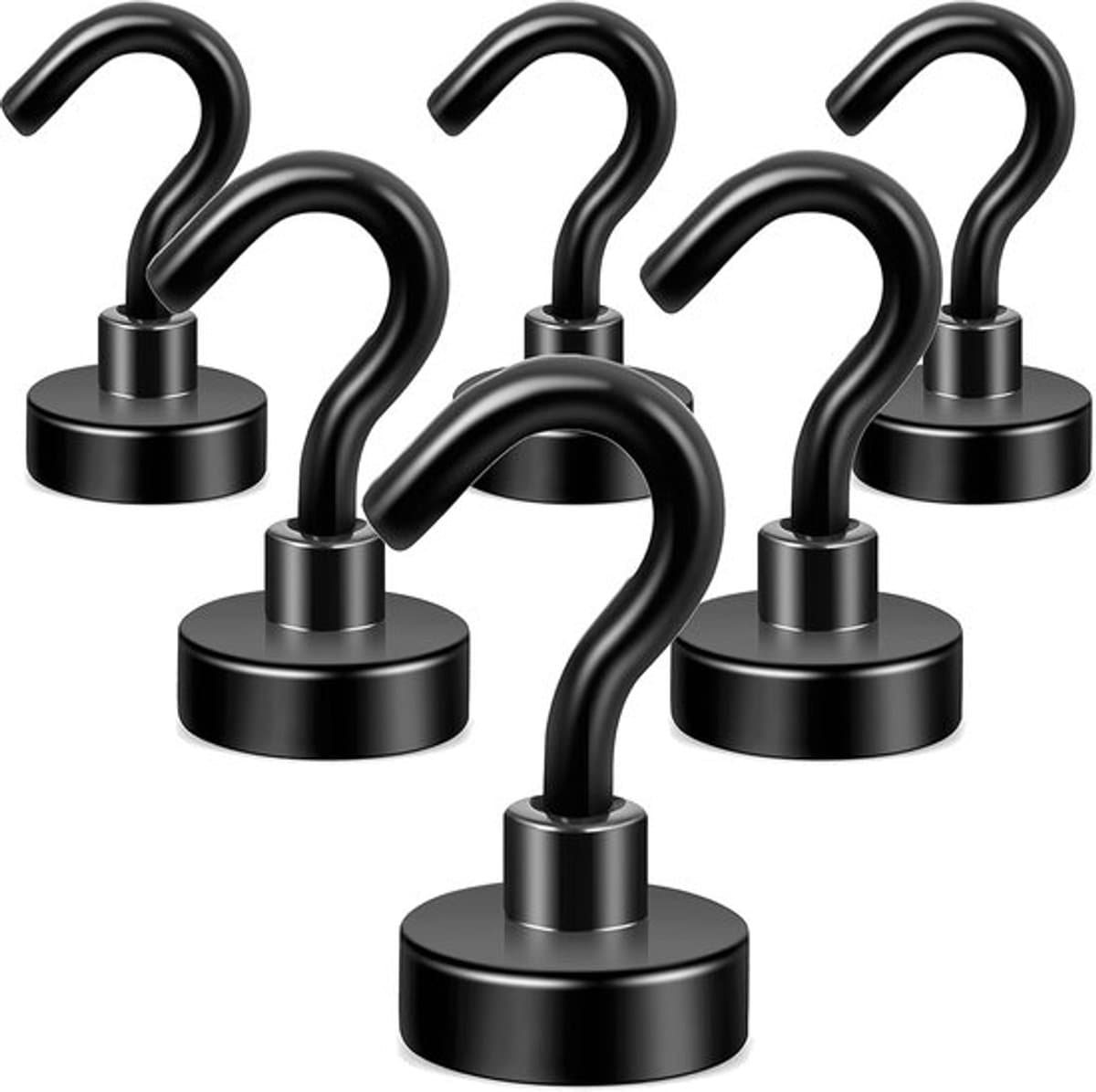 Zwarte magnetische haken, 20 lbs+zware magneten met haak voor koelkast, extra sterke supercruisehaak om op te hangen, magnetische hanger voor gordijn, grill, handdoek, plafondverpakking van 6 stuks