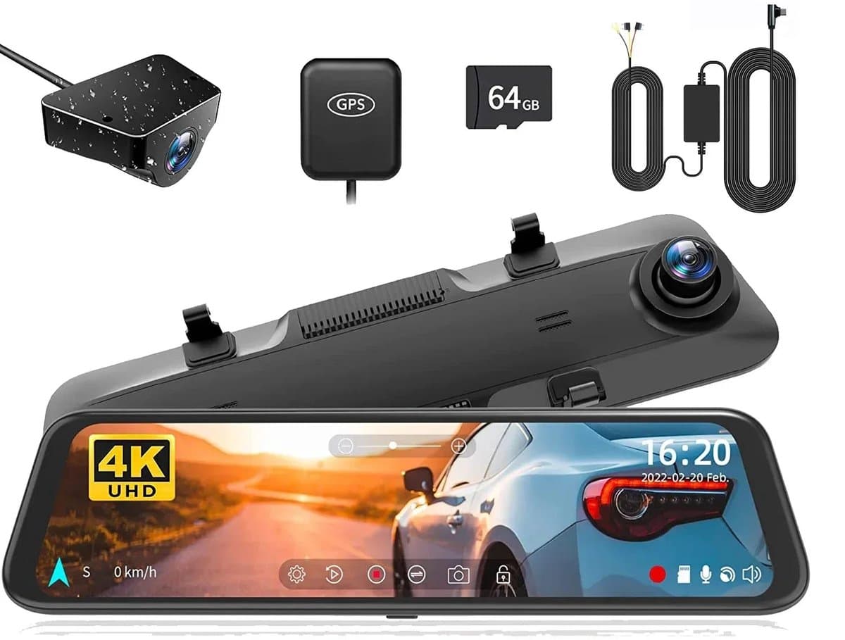 Dashcam Spiegel - Dashcam voor Auto – 12" - Touchscreen - GPS Navigatie – 24K - Achtercamera – Nachtzicht – Parkeermodus – WDR – 170° Groothoek - Hardwire-kit