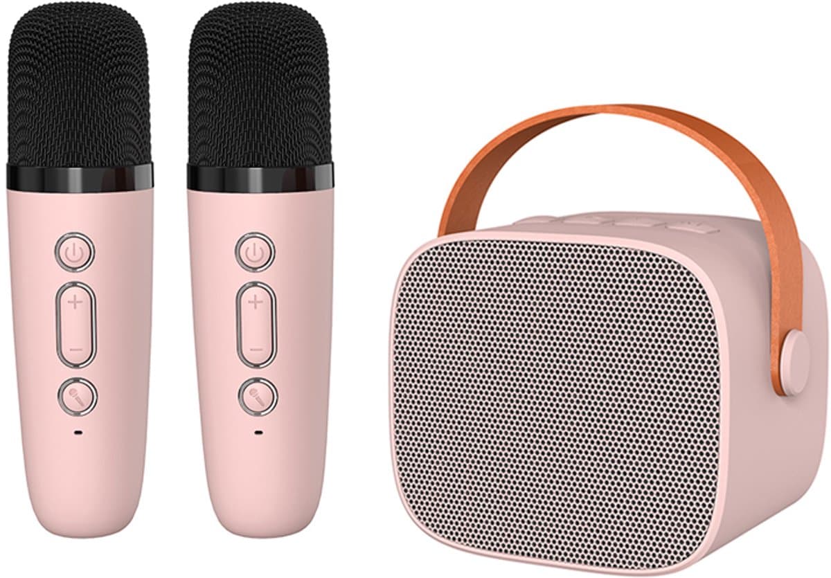 Woegel karaoke set A3 – Incl. 2 draadloze micro’s – met bluetooth, TF-kaart en stemvervormer – oplaadbare accu – draadloze micro – voor kinderen – roze