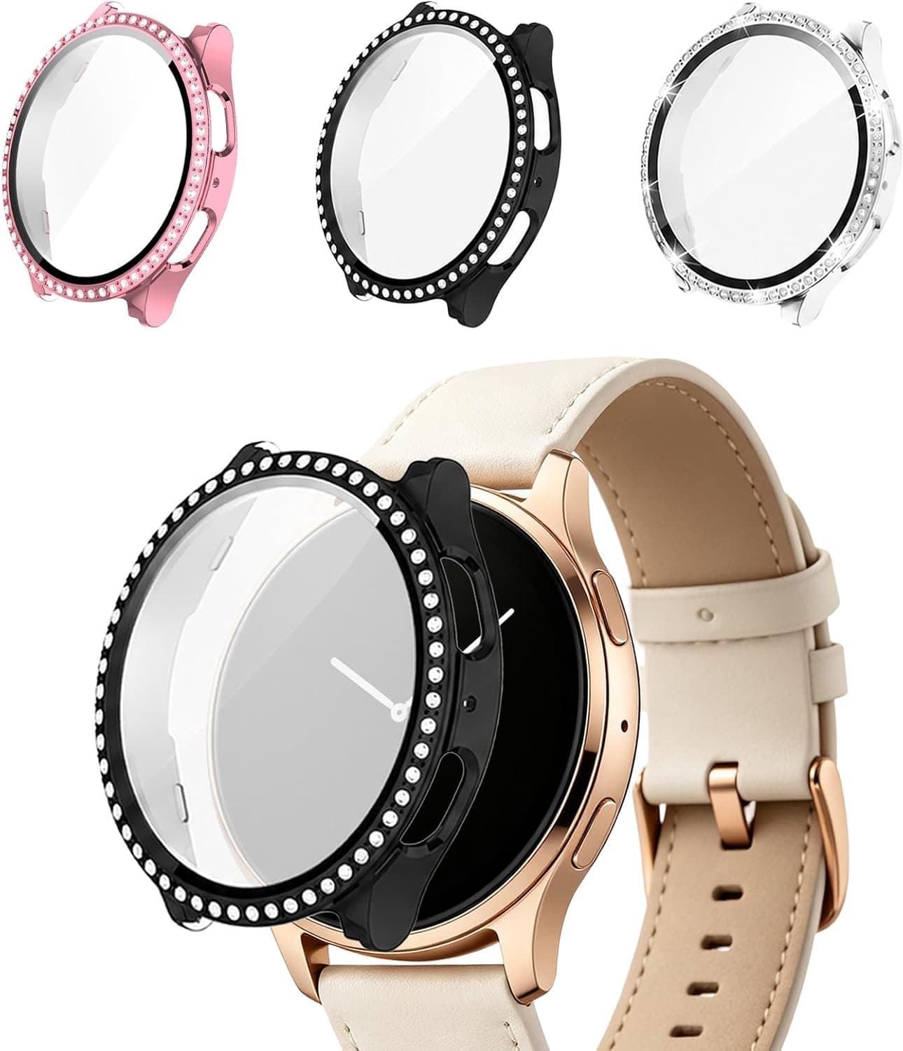 3 stuks diamanten beschermhoezen voor Galaxy Watch 7 40 mm met bescherming van gehard glas