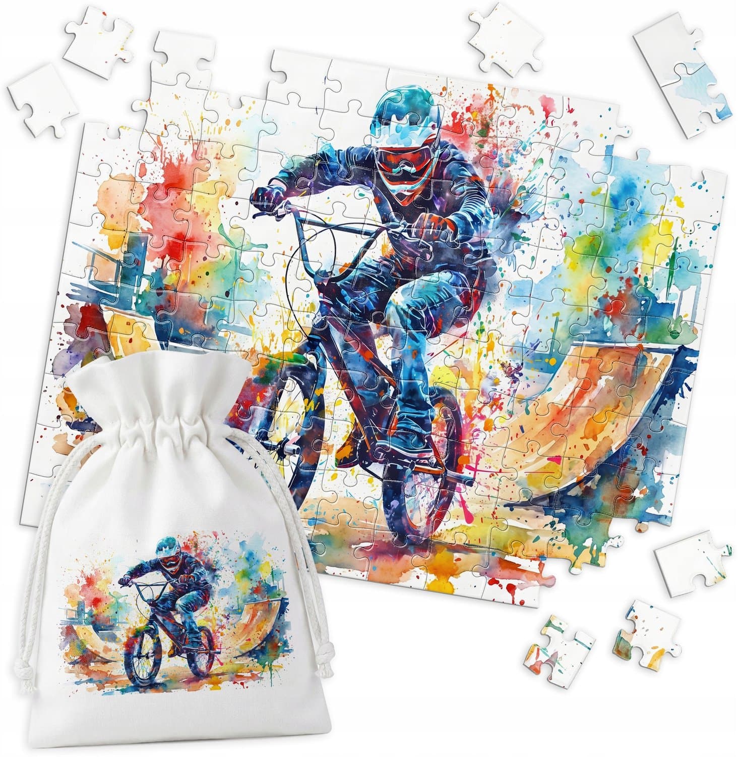 Merkloos Puzzel 110 Stukjes - Sport BMX Fiets Aquarel