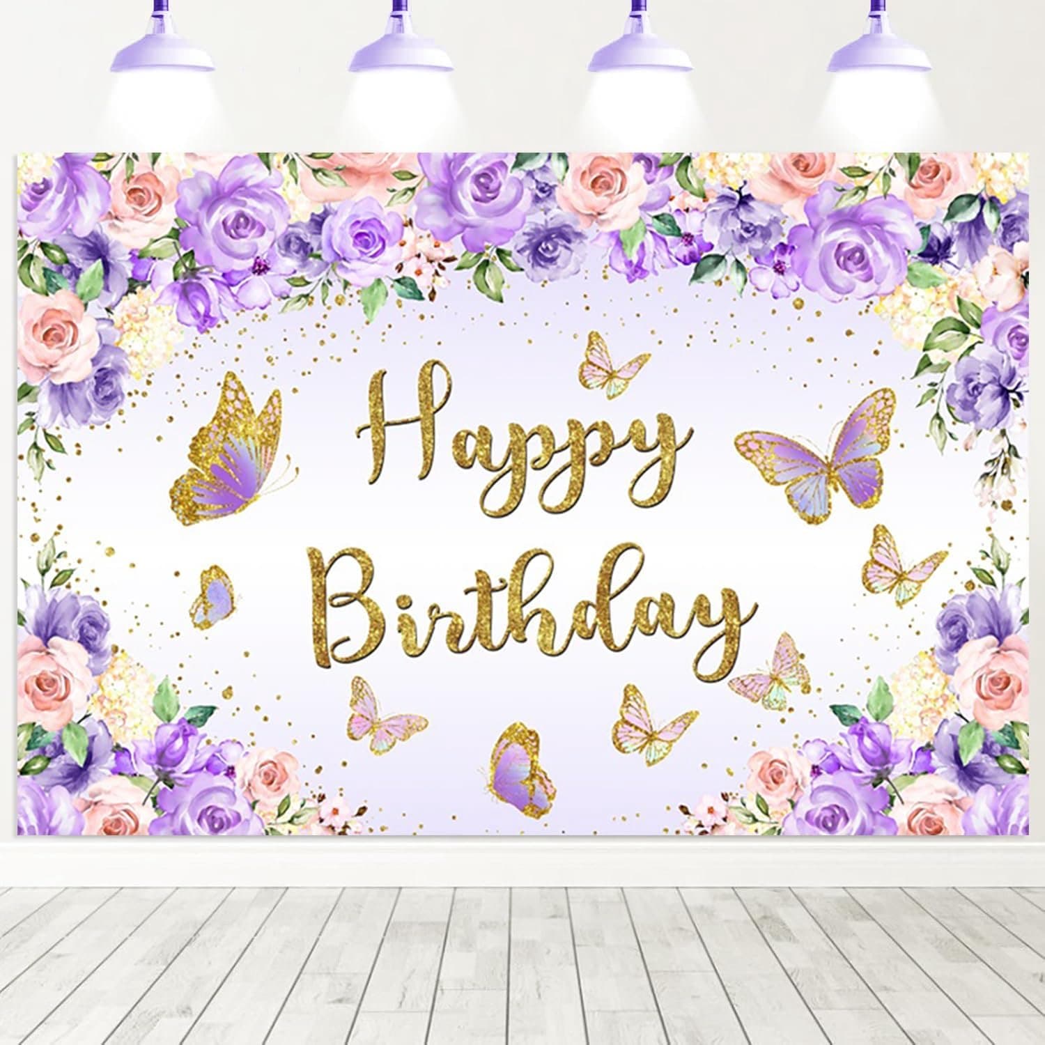 Background with butterfly, purple and pink flowers pastel butterflies, golden Happy Birthday photography background - ShopVlot