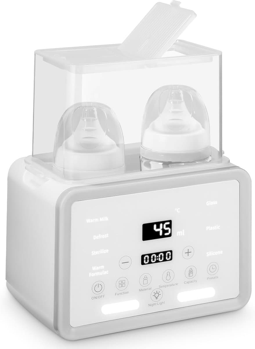 Sterilisator voor babyflessen, 8-in-1 snelwarmer, 2 flessen tegelijk, verstelbare stoomsterilisator voor babyflessen met lcd-display