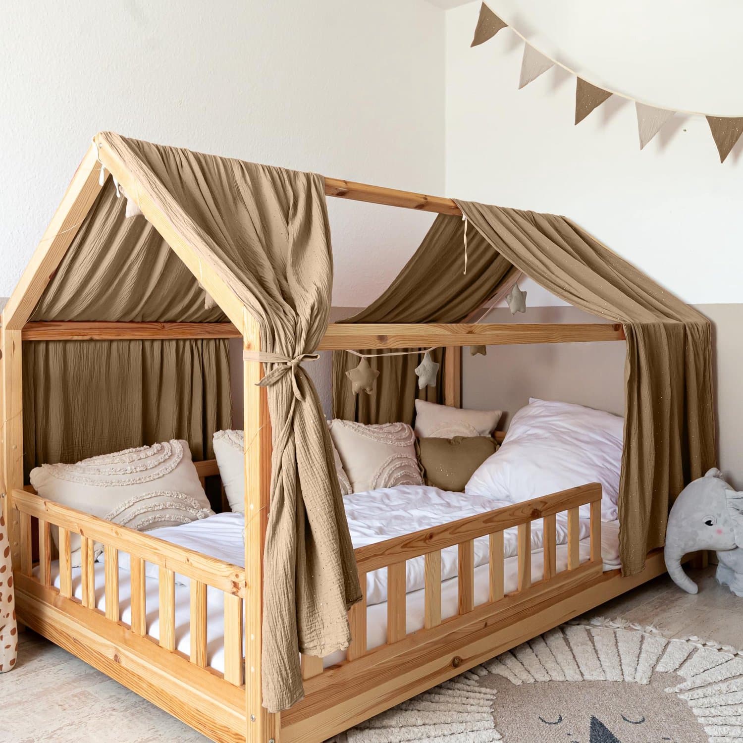 LILIMAUS Huisbed hemeltje met gouden details - bedhemel voor huisbed - 67,5 x 320 cm - mousseline katoen - donkerbeige