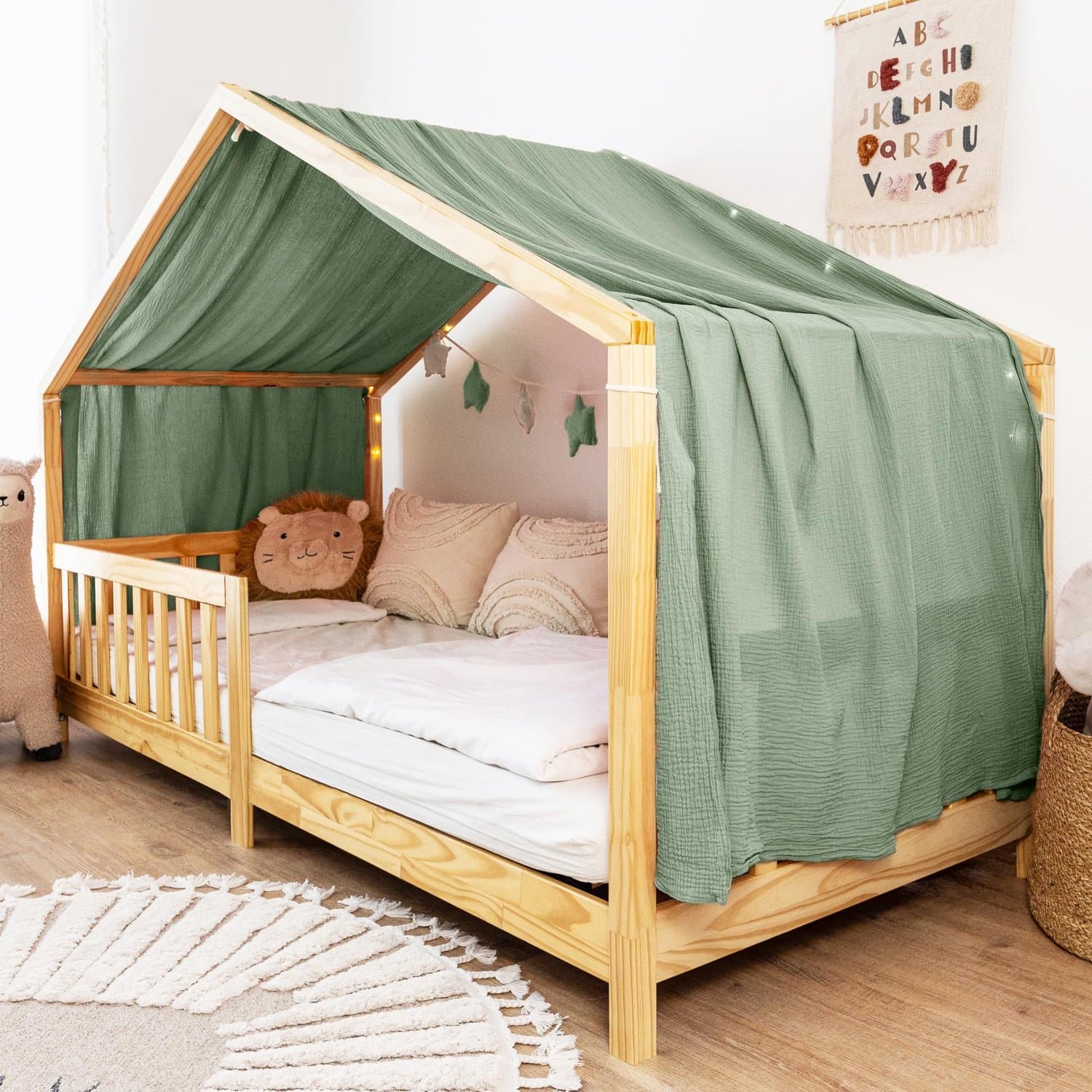 LILIMAUS Huisbed hemeltje uit één stuk - bedhemel voor huisbed - 135 x 420 cm - mousseline katoen - groen