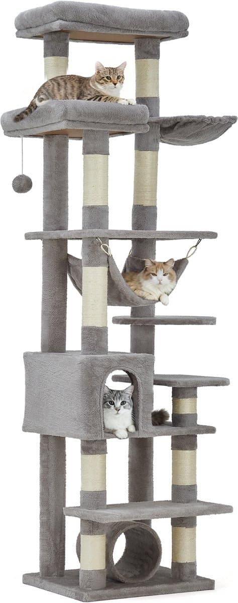 Triumpunpre - Kattenboom 188 cm - Meerlaagse Kattentoren met 11 Sisal Krabpalen, 2 Nissen, Hangmat en Anti-Tip Kit - Lichtgrijs