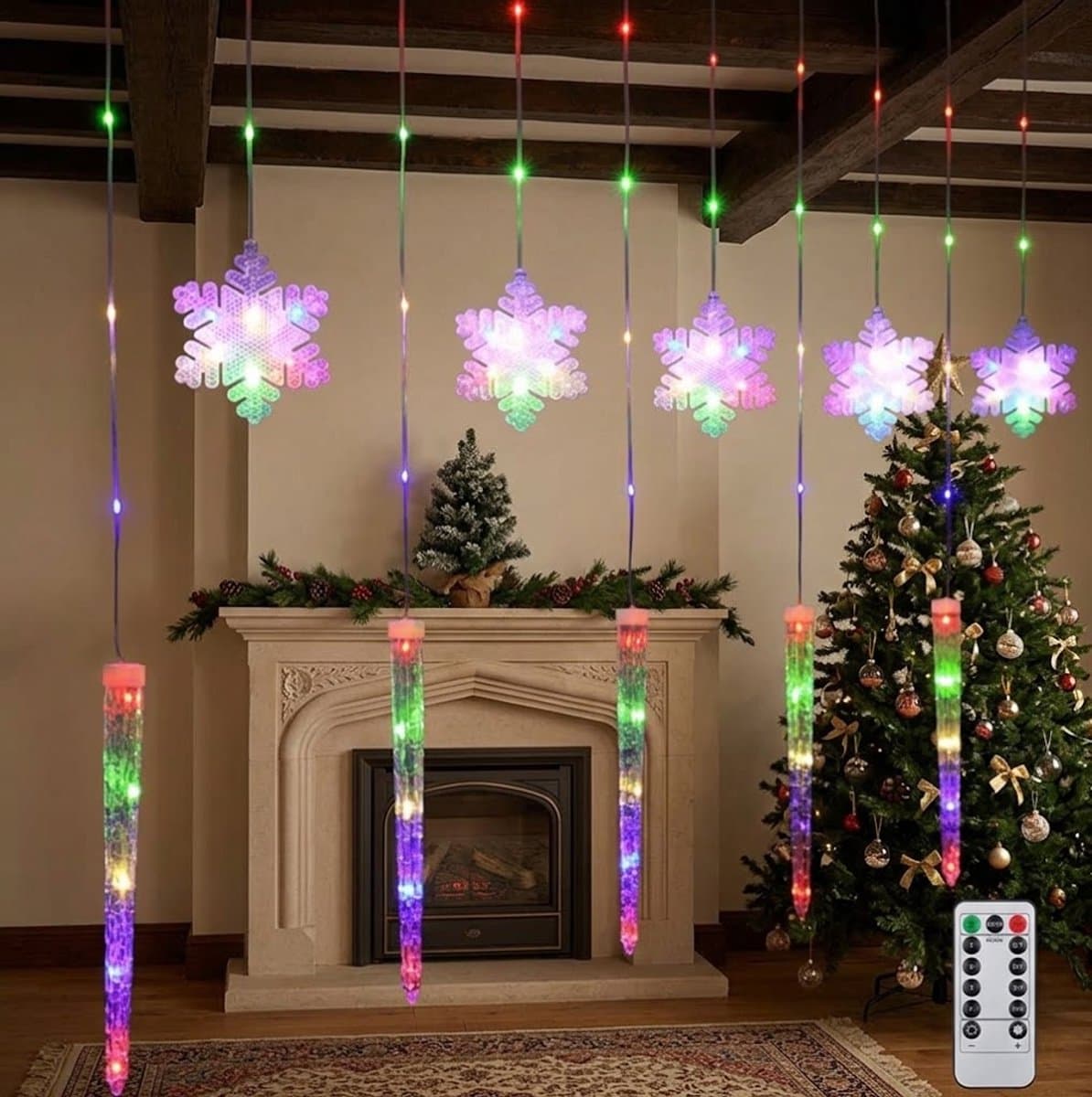 LED Kerst Lichtgordijn 3M – Christmas LED Kerstverlichting – kerst gordijnverlichting-Kerst Lichtslingers met Sneeuwvlokken & IJspegels -8 Lichtstanden met Timer & Afstandsbediening –met USB- Multicolour licht