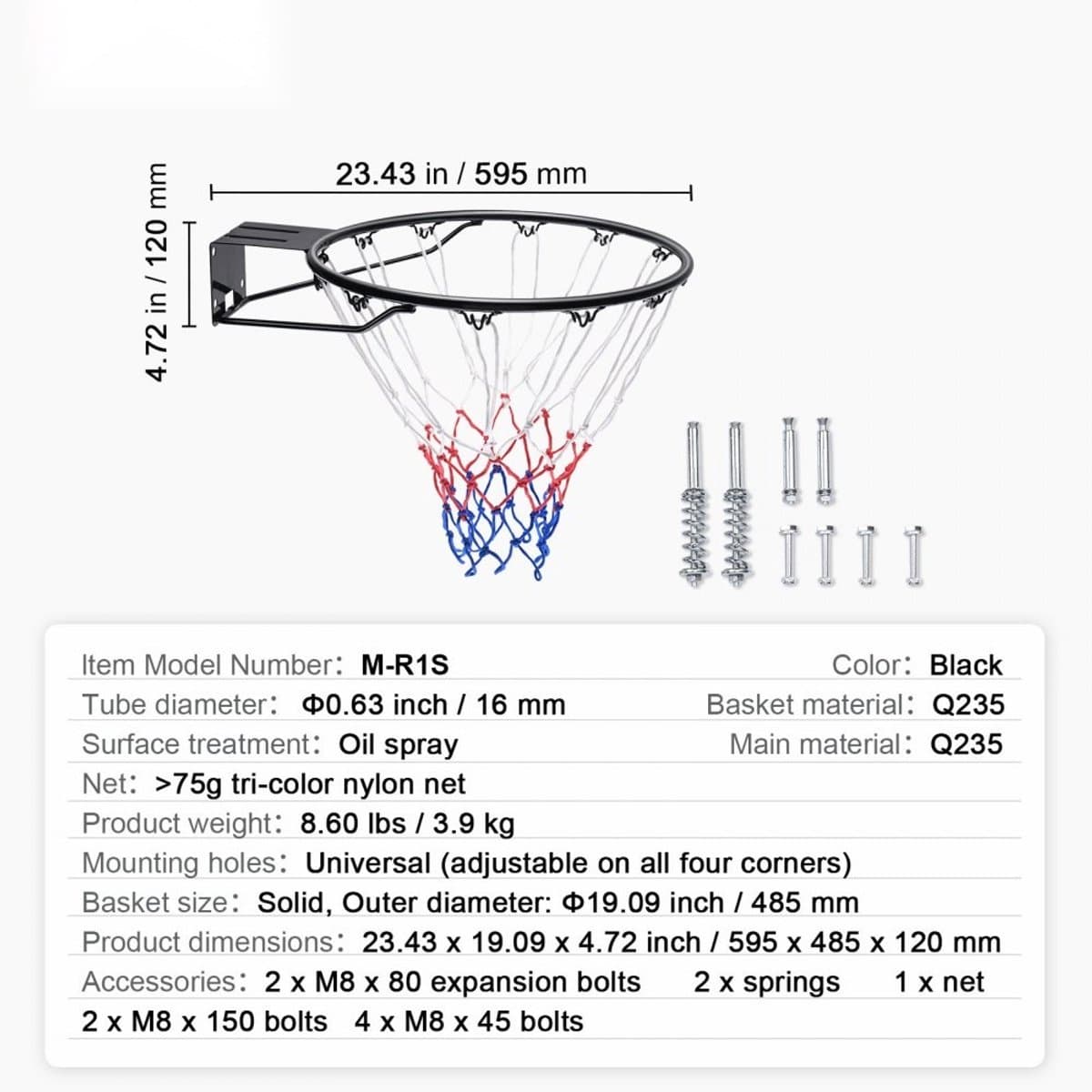 Basketbalring - Met basketbalnet - Ringdiameter 48,5 cm - Voor binnen en buiten - Wandmontage - Robuust staal - Afmetingen 59,5 x 48,5 x 12 cm - Oranje