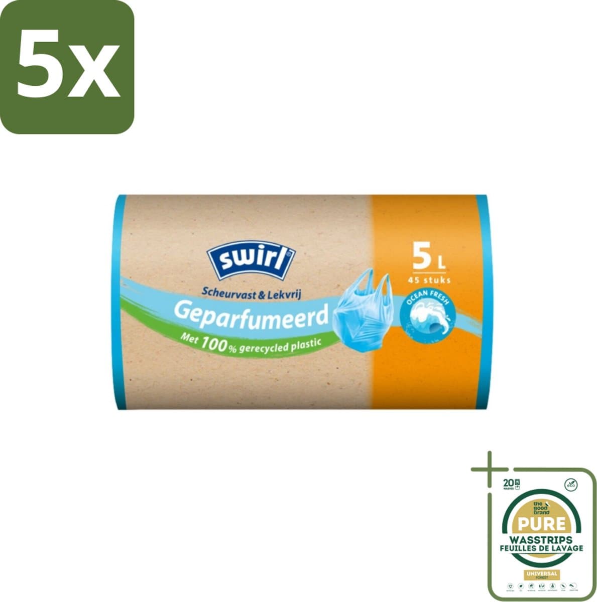 5 x Swirl – Pedaalemmerzakken – Geparfumeerd Ocean Fresh – 5 L – 45 zakken - Grootverpakking - Koffie - Koffiezetapparaat - Koffiezetapparaat