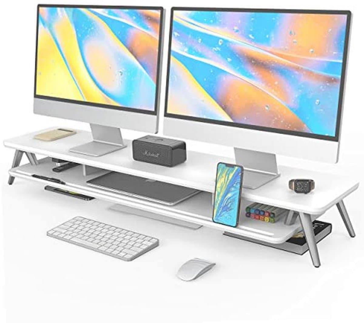 Monitorstand Hoogte Verstelbaar met Opbergfunctie voor Telefoon/Tablet - Desk Organizer 108x23.5x14.5cm