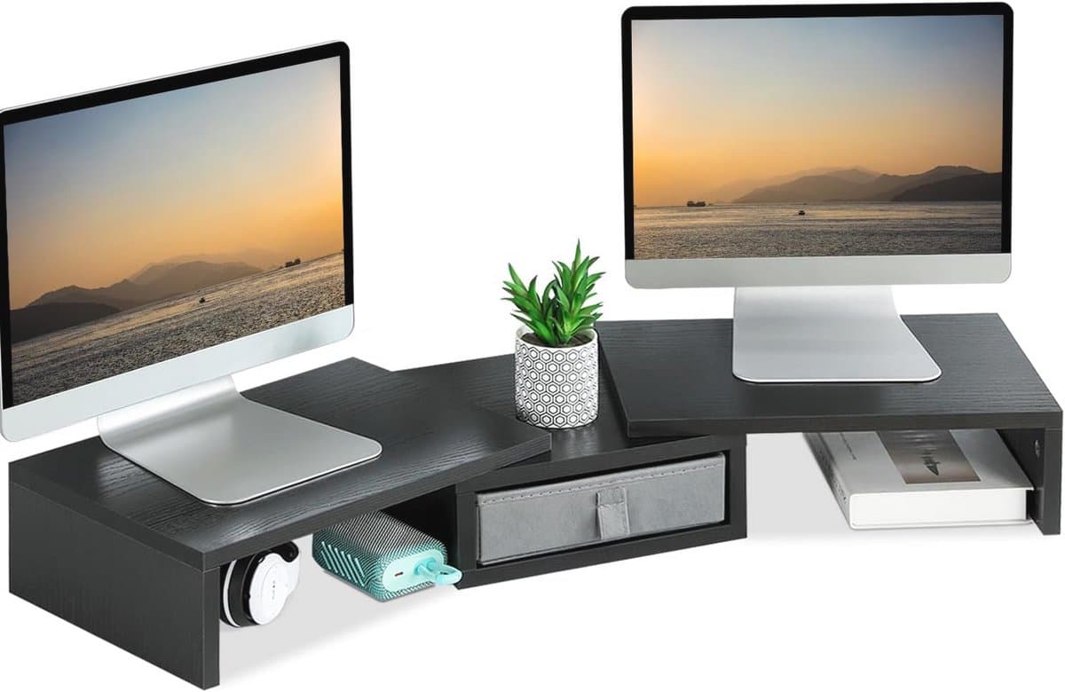 Dubbele Monitorverhoger met Verstelbare Hoogte en Praktische Lade - Ergonomisch Bureau Organizer voor Twee Monitoren