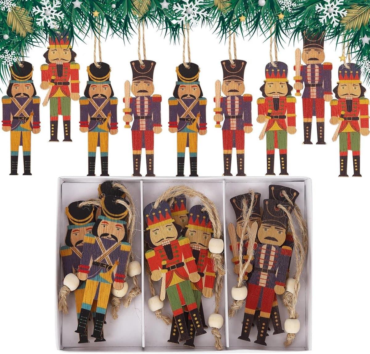 9x Houten Notenkraker Kerstboomhangers - Versiering Soldaten Ornamenten