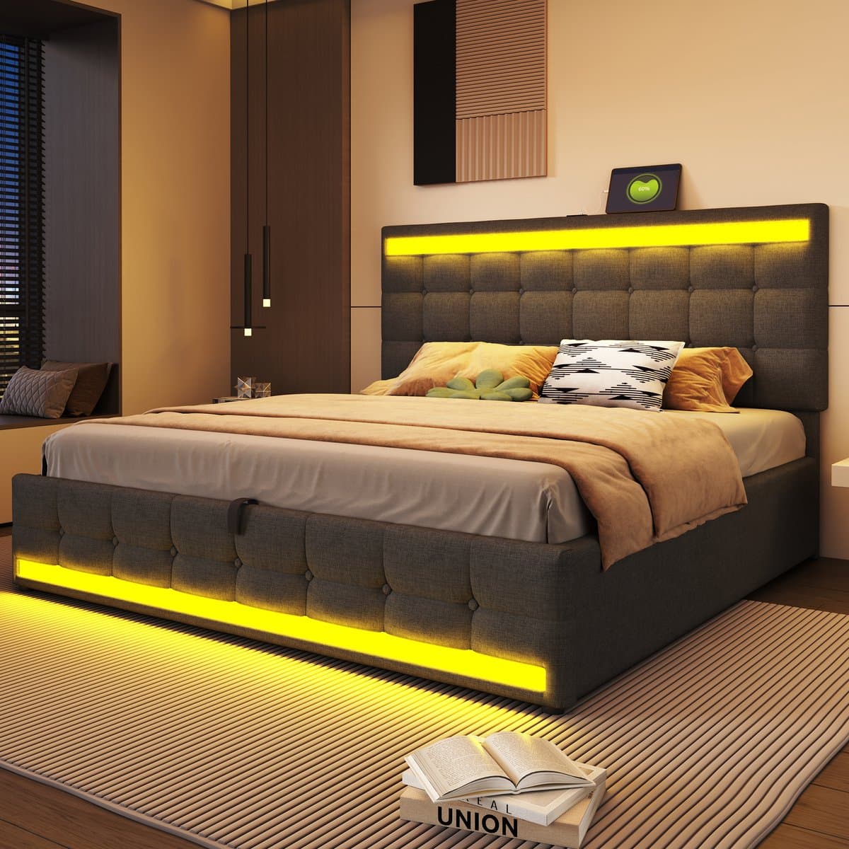 MODFU Gestoffeerd ledikant 180x200 cm – linnen look grijs – met RGB LED, verstelbaar hoofdbord en 2 USB – luxe design