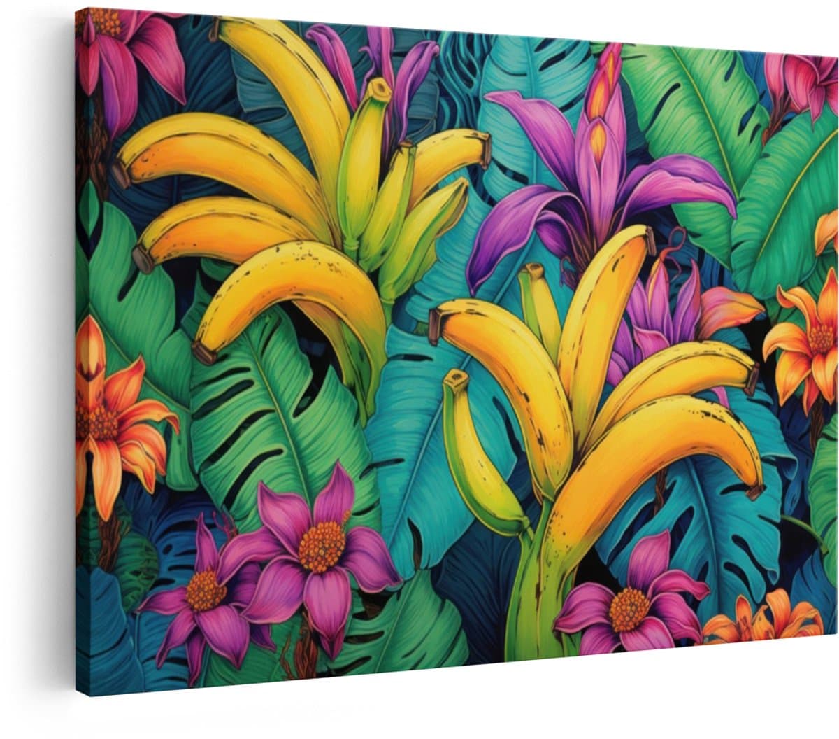 Artaza Canvas Schilderij Tropische Bloemen - 30x20 cm - Wanddecoratie Jungle - Muurdecoratie Bananen - Schilderijen Op Canvas Kleurrijk