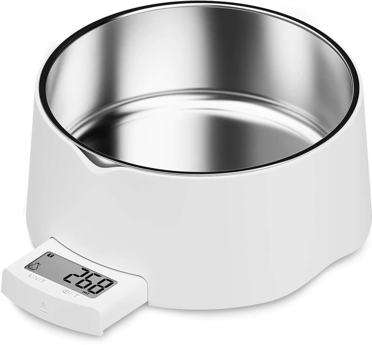 Kattenvoerbak - Voerbak voor Honden - Digitale Voedingsweegschaal voor Honden en Katten - Precisieweegschaal met Uittrekbaar LCD-scherm en Roestvrijstalen Kom - 5kg / 1g Precisie - Wit - 1 stuk