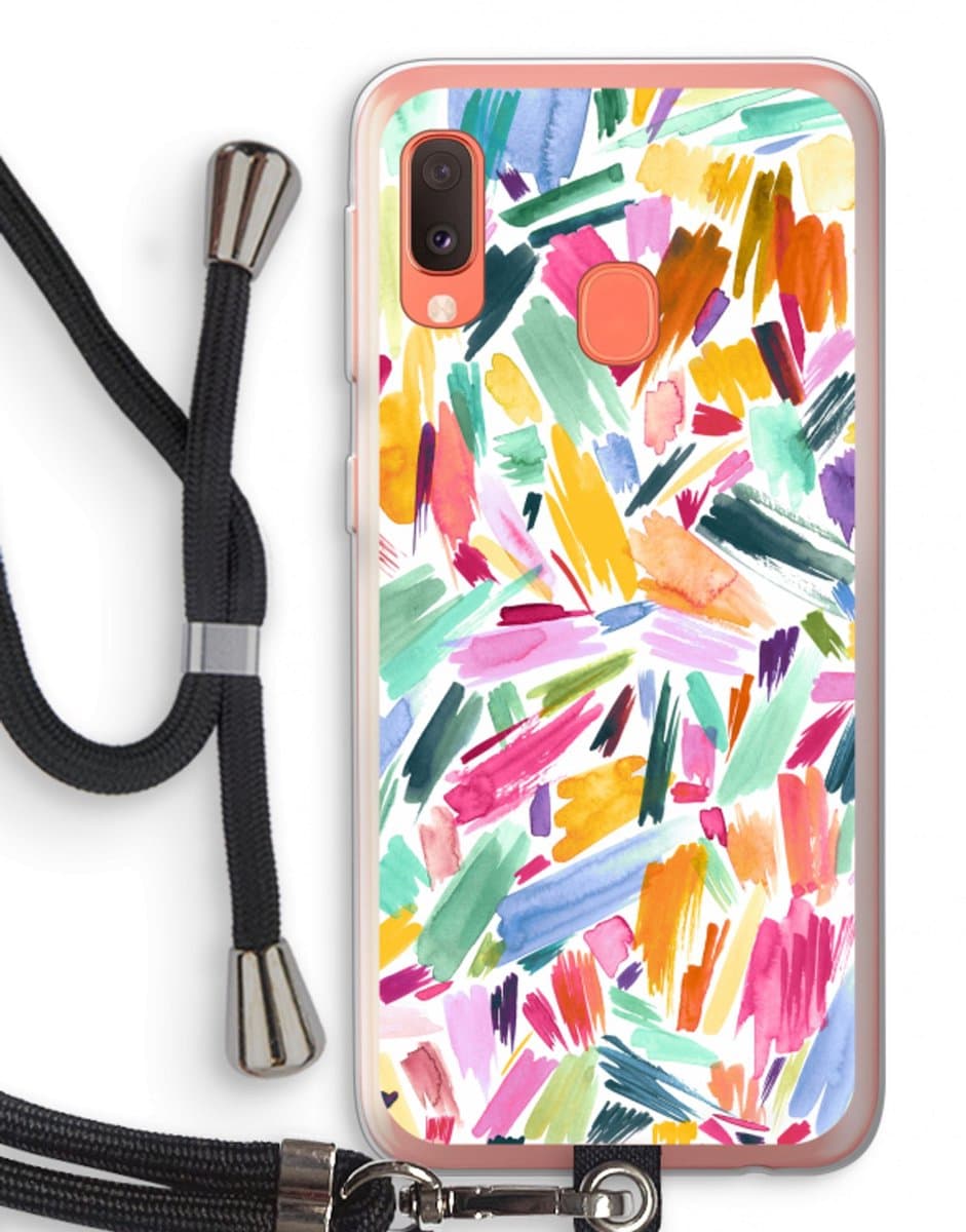 Case Company® - Hoesje met koord geschikt voor Samsung Galaxy A20e hoesje met Koord - Watercolor Brushstrokes - Telefoonhoesje met Zwart Koord - Bescherming aan alle Kanten en Over de Schermrand