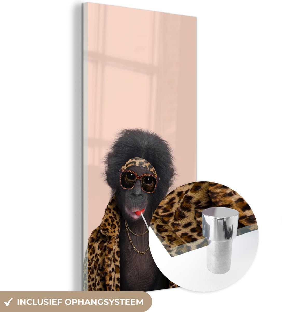 MuchoWow® Glasschilderij 80x160 cm - Schilderij acrylglas - Aap - Dieren - Zonnebril - Panterprint - Lolly - Foto op glas - Schilderijen