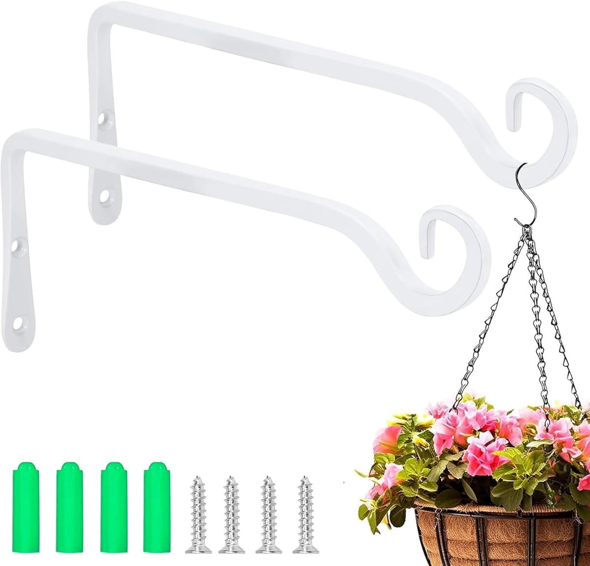 2 stuks plantenhouders, 25 cm, plantenhangers, haken, wit, balkon, wandhaak, hangende wandhouder, metalen haak voor bloemenmand, vogelhuisje, lantaarn