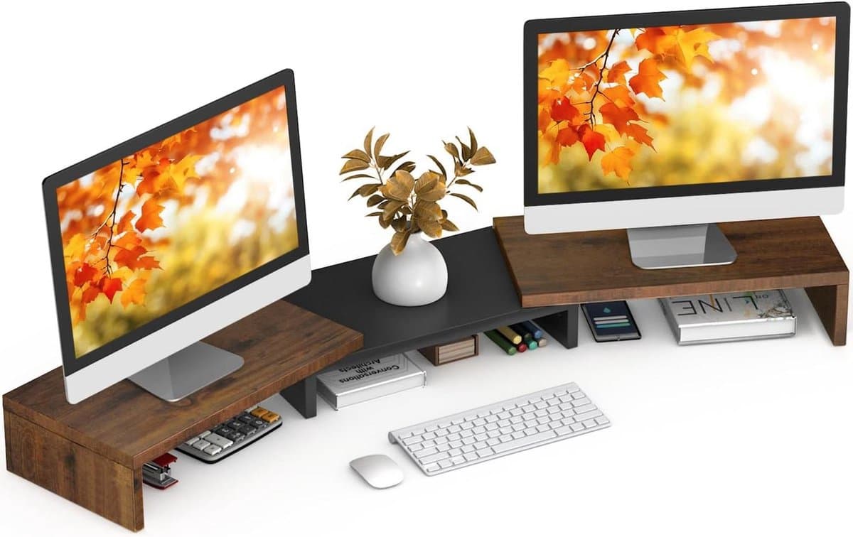 Dubbele Monitorstandaard - Bureau Organizer - Ergonomisch Werken - Verstelbare Lengte - 33-48 inch - Rustiek Bruin