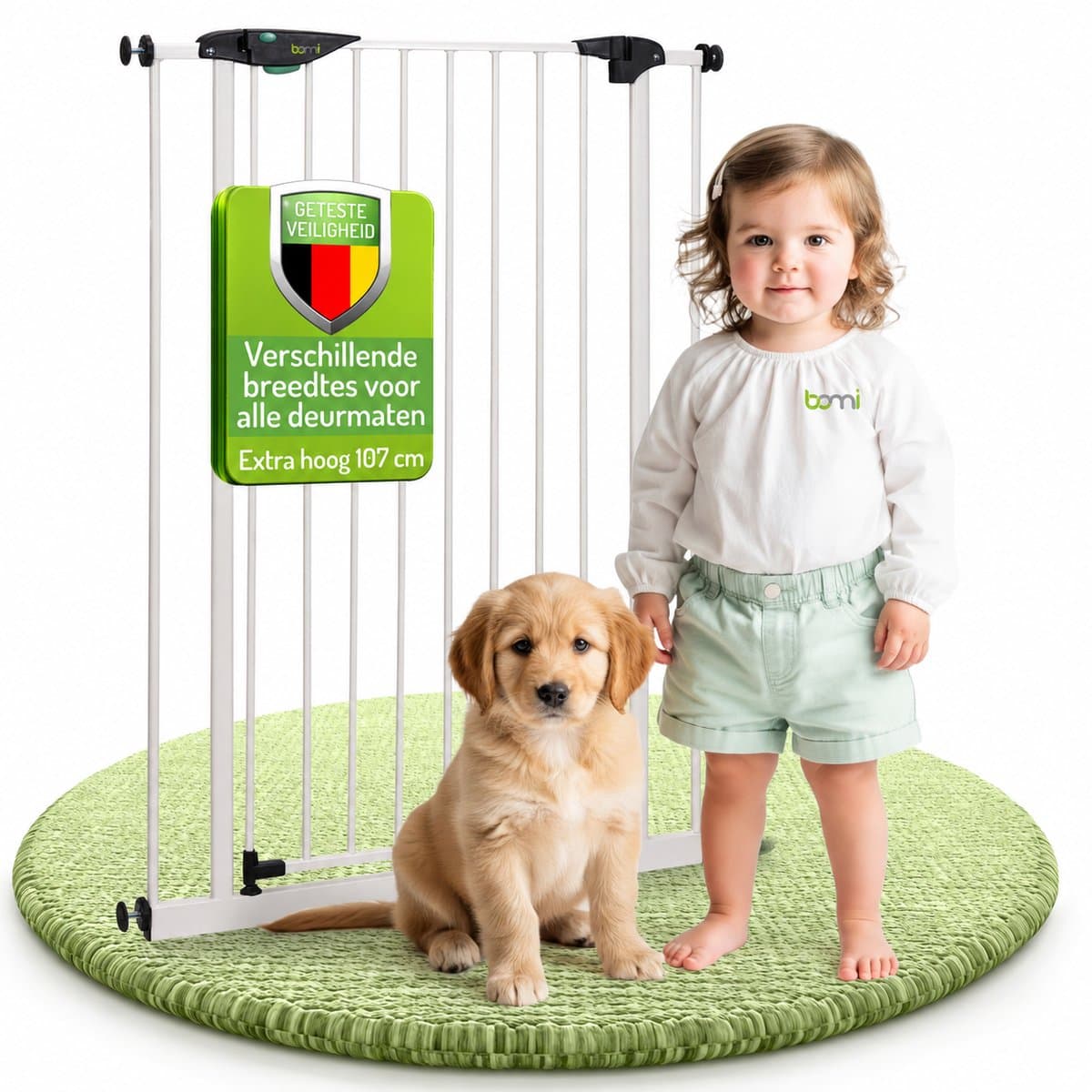Bomi Mira Hondenhek Traphekje Extra Hoog 107 cm 93 t/m 101 cm Wit - Voor Grote Honden - Zonder Boren of Schroeven - Zelfsluitend - 90° Vastzetfunctie - Veiligheidshekje - Kinderhekje - Hondenhekje voor Binnen