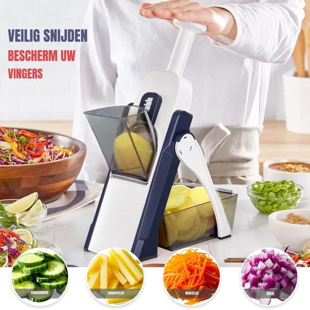 Klarven® Groentesnijder Handmatig - Elektrische Groentesnijder Machine - Snijden, Raspen en Hakken Zonder Kracht - Waterdicht - Blauw - H 37 x B 16 x D 11 cm