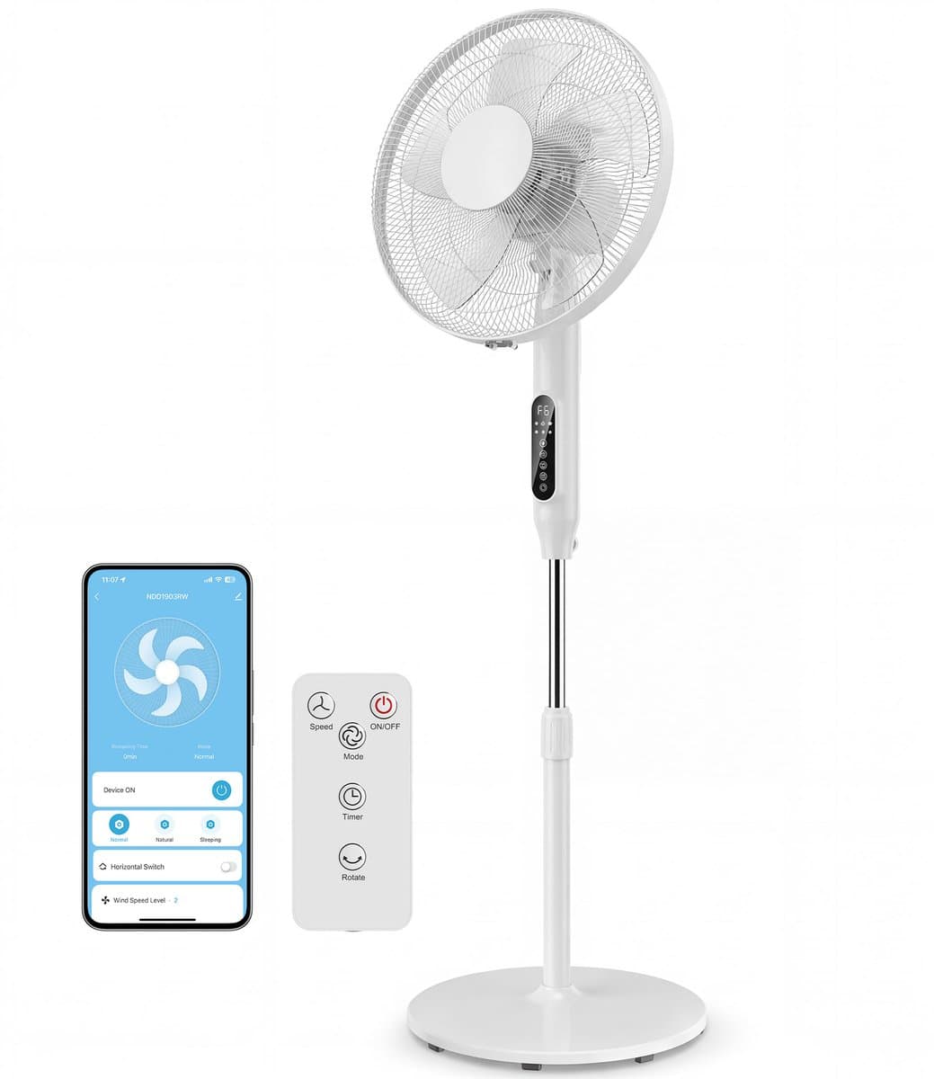 HOMCOM Vloerventilator-wifi-functie-In hoogte verstelbare ventilator-3 snelheden-3 oscillatiestanden en timer-Wit