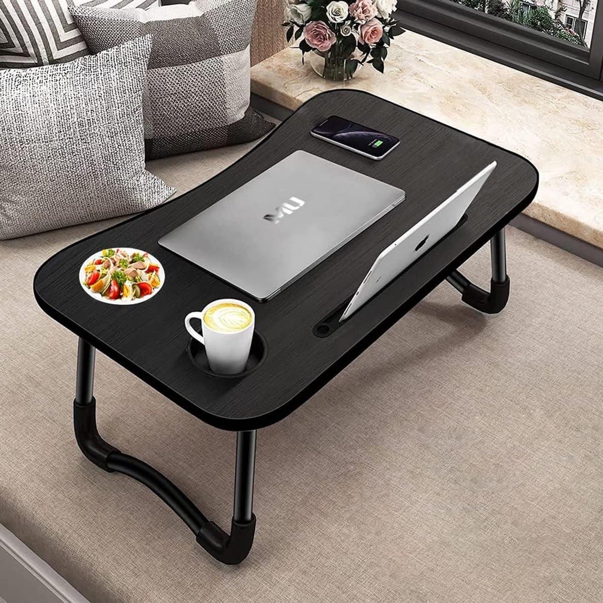 m MU Bed Table Black Breakfast Folding Adjustable Portable Bed Table for Laptop PC Notebook Computer Tablet Stand 60 x 40 x 28 cm (Black)