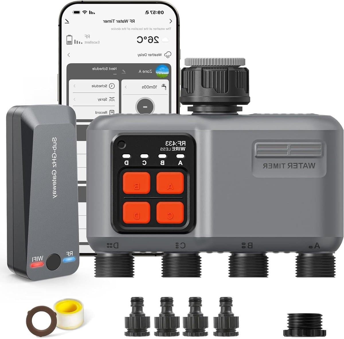 Wifi Irrigatiecomputer - Automatische Tuinbesproeiing - Planten Water Geven - 4 Uitgangen RF 300m - 4 Zones - Zwart