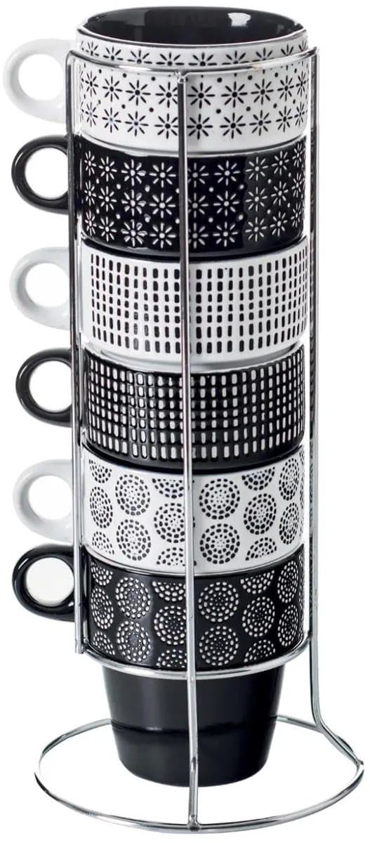 Secret de Gourmet Keramische Koffiemok Set met Metalen Rek - 6 stuks, 260 mL, Grijs