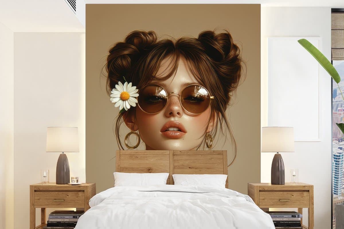 Behang - Fotobehang Vrouw - Beige - Bloem - Modern - Portret - Breedte 160 cm x hoogte 220 cm