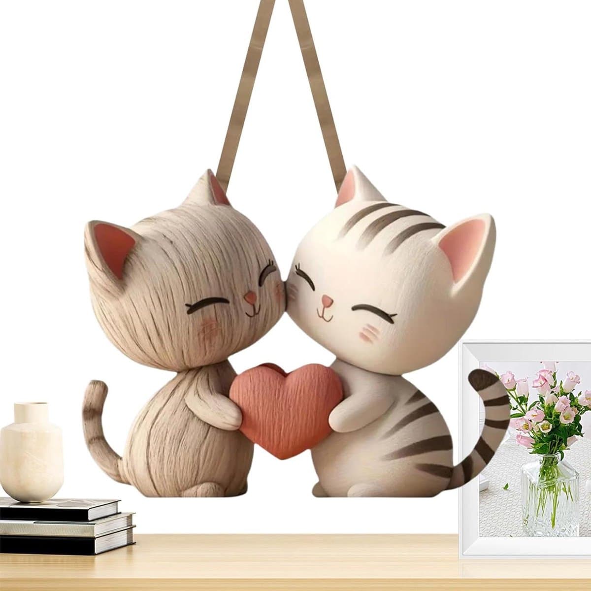 Houten Kat Beeld - Katten Paar - Romantische Decoratie - Handgemaakt Hout - 127 cm Hoog - Natuurlijk