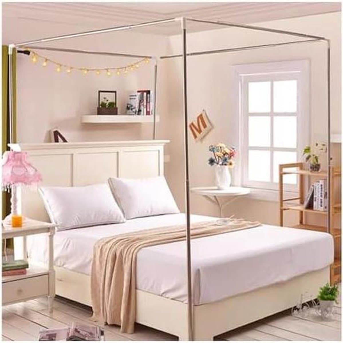 Hemelbed Frame - Hemelstangen Set - Slaapkamer Decoratie - Verdikt Roestvrij Staal - Queensize 188x198cm - Zilverkleurig