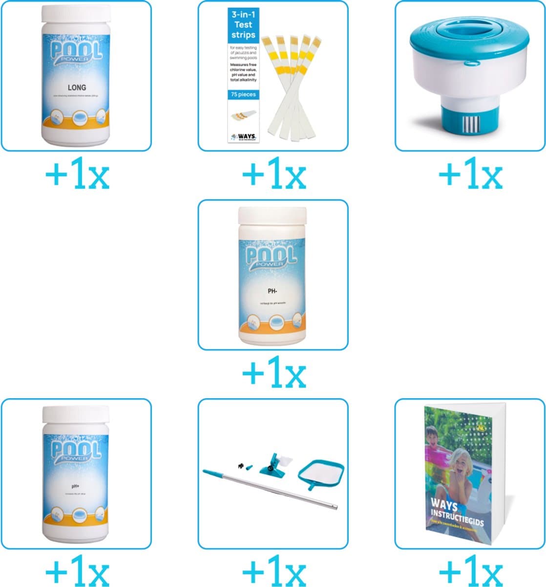 Zwembad Onderhoudspakket - Onderhoud Zwembad - bevat Chloor - Testrips - Chloordrijver - PH-min - PH-plus - Schoonmaakset en Zwembadgids (7-delig)