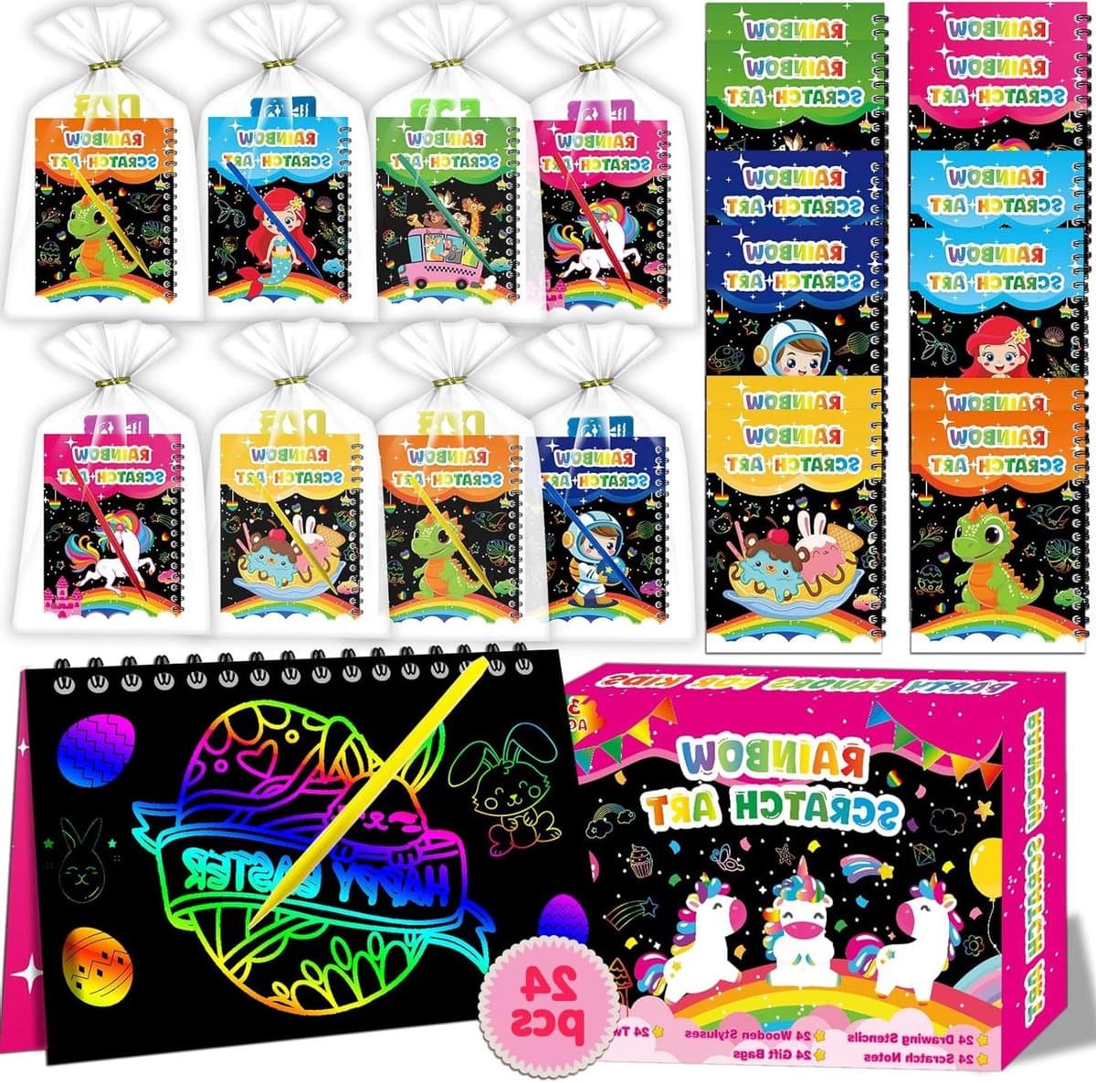 Scratch Art Notebooks - Krasboekjes Regenboog - Kinderen Knutselen - 24 Stuks Set - 24.6 x 16.8 cm - Meerkleurig