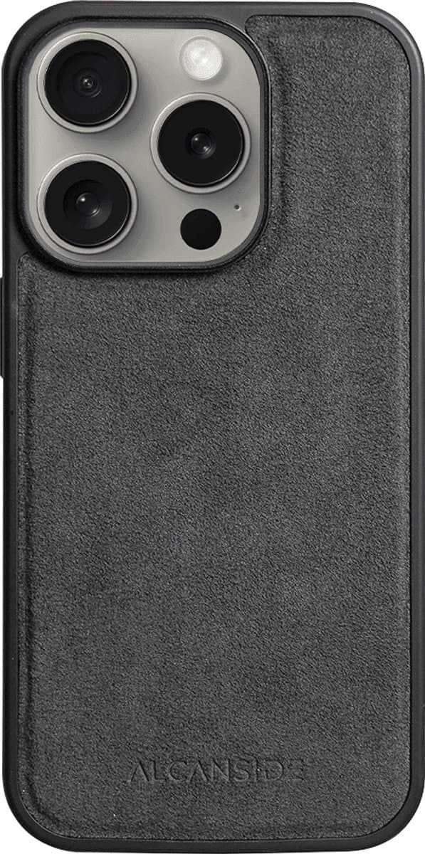 Alcanside Luxe Hoesje geschikt voor Apple iPhone 15 Pro – Magsafe 360° Shock Proof Telefoonhoesje – Premium Alcantara Case – 100% Optimale Bescherming – Space Grey