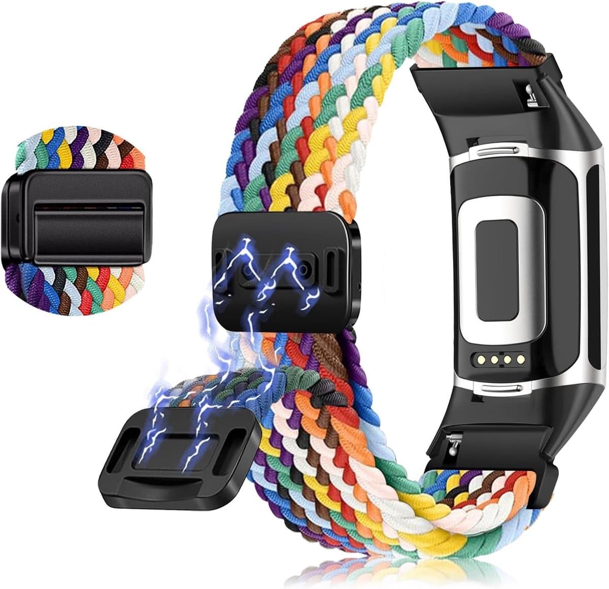 Nylon Gevlochten Zachte Ademend Magnetische Verstelbare Horlogeband voor Fitness Trackers, Regenboog Wit, Geschikt voor Charge 6 en Charge 5