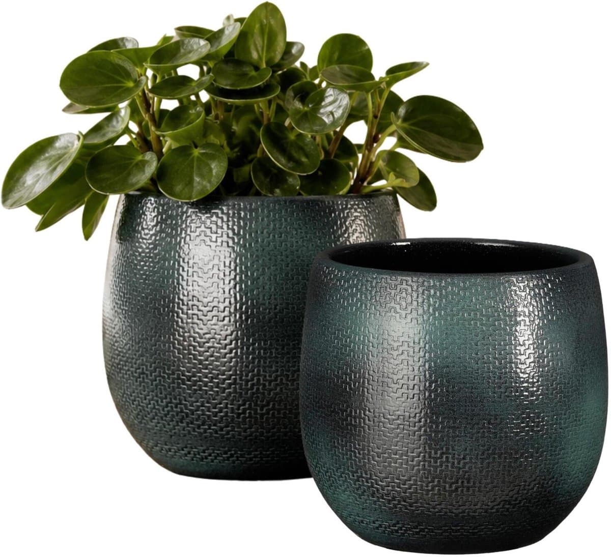 Mica Decorations Plantenpot - 2x - keramiek - donkerblauw glans / ribbels - D13 x H14 cm - bloempot Porto