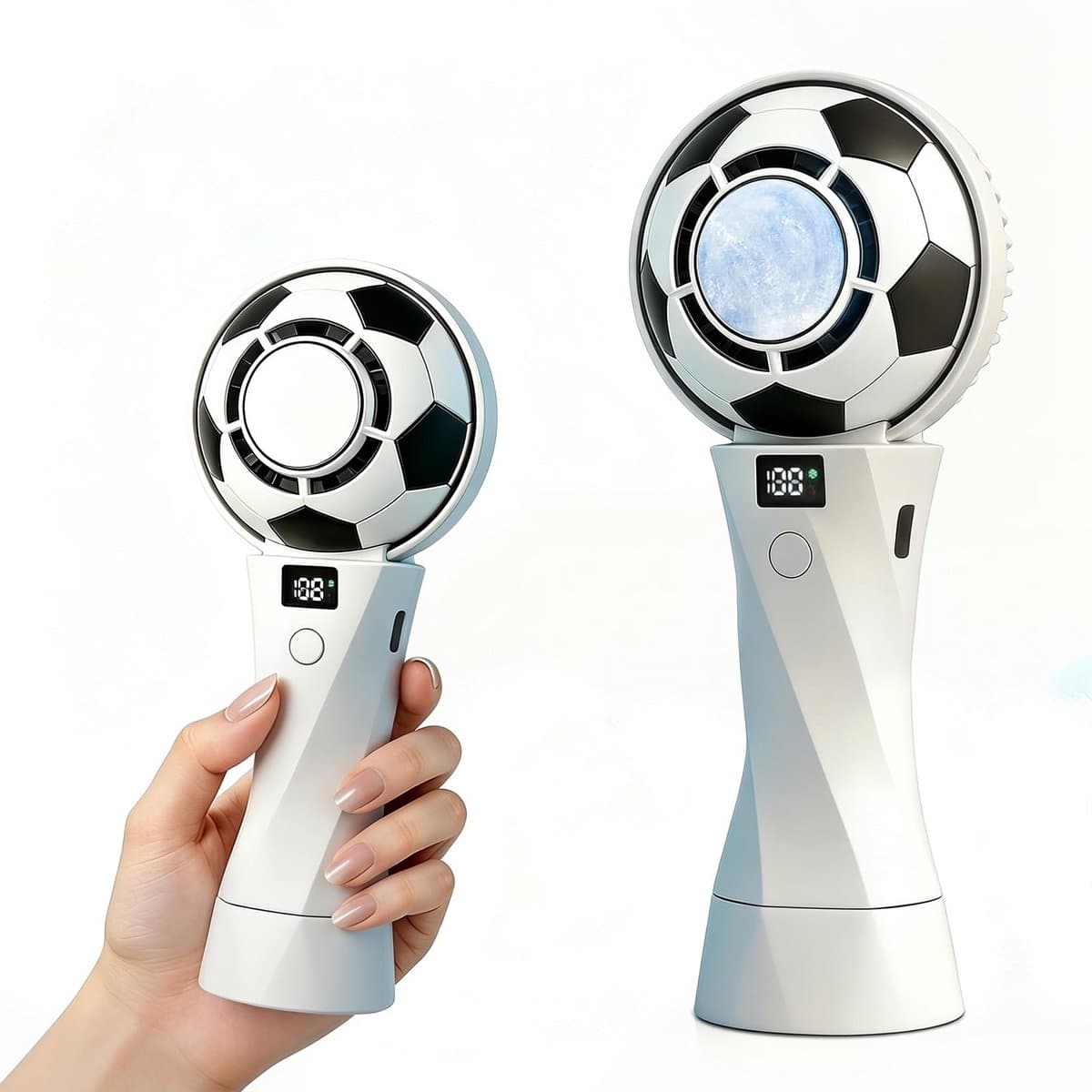 Ryoudavell - Handventilator Voetbal - USB Oplaadbare Draagbare Ventilator met 2200mAh Batterij - 6 Standen - Portable Mini Fan voor Bureau - Snelle Koeling & Lange Batterijduur - Led Display - WK Voetbal Musthave Gadget voor Fans - Wit Model