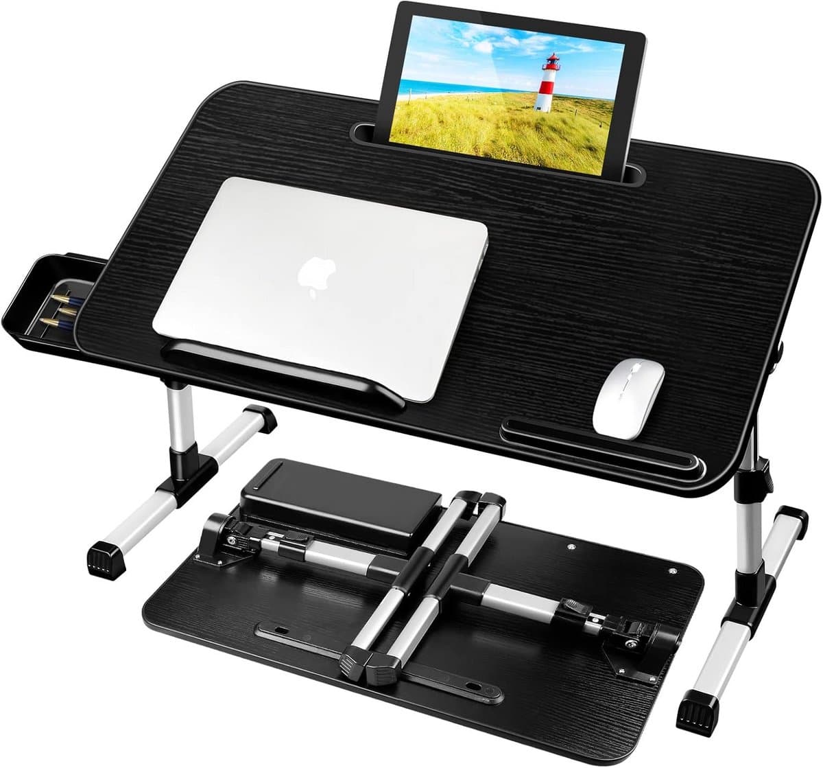 Laptop Table for Bed, Adjustable Height and Angle, Folding Bed Table with Drawer, Tablet Stand, Lap Tables for Bed, Sofa, Floor (60 x 34cm, Black)