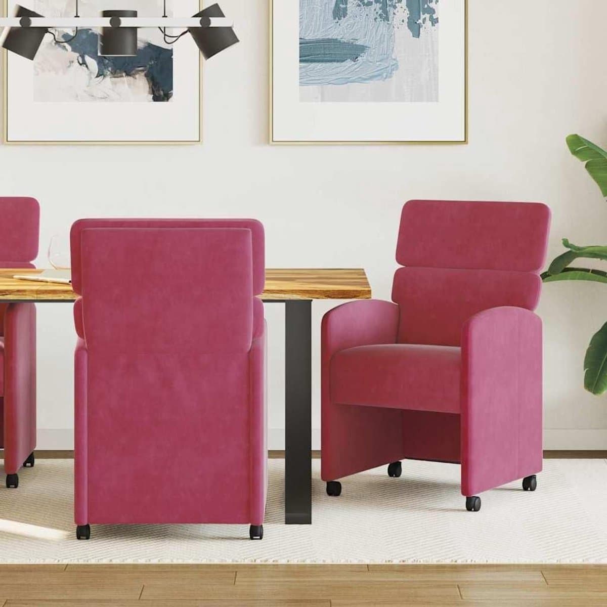 Fluwelen stoelen - Eetkamerstoelen met wieltjes - Comfortabel tafelen - Geïntegreerde wieltjes - 58 x 65 x 98 cm - Wijnrood