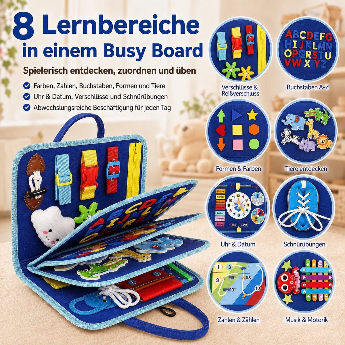 Montessori Busy Board voor Baby's vanaf 10 Maanden, Educatief Speelgoed van Vilt met Ritsen, Gespen, Cijfers, Letters, Vormen, Klok en Datum, Draagbaar Activiteitenbord voor Thuis, Auto en Reizen